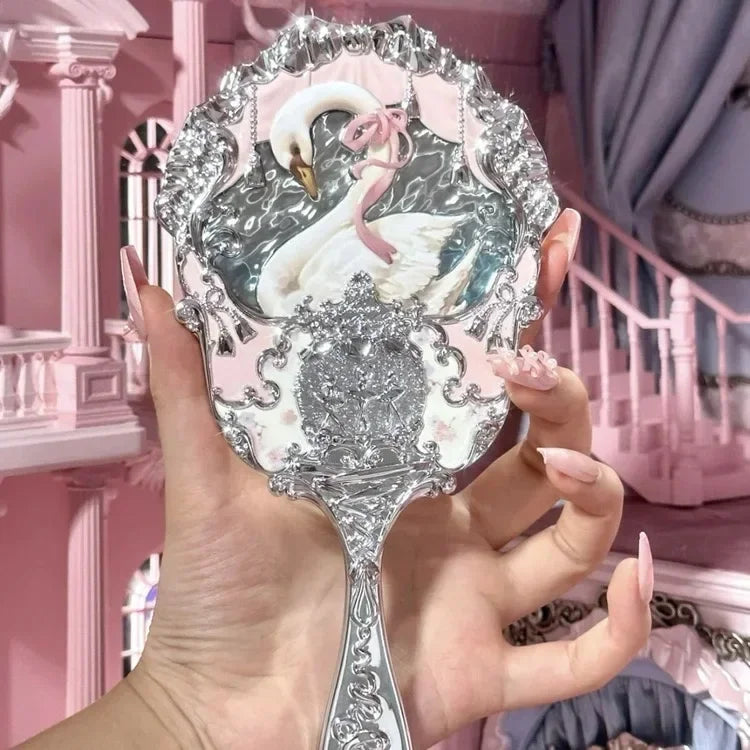 FLOWER KNOWS Swan Ballet Series Crystal Mirror Exquisite Textured Hand Mirror Blue Pink Ladies Makeup Tools