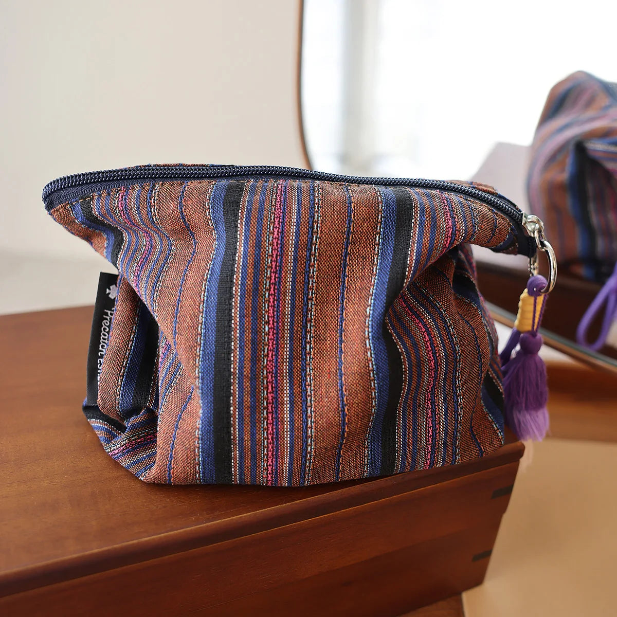 Colorful Striped Fringe Pendant Makeup Bag Ethnic-Style Women's Zipper Travel Portable Storage Pouch Inner Liner Bag Clutch