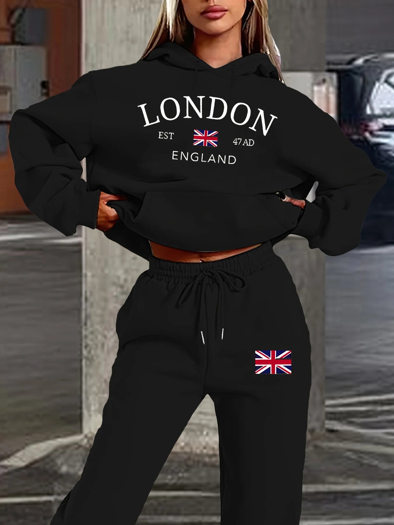 Women's autumn and winter fashion casual London England pattern print with thick fleece warm hooded sweatshirt+sports pants set