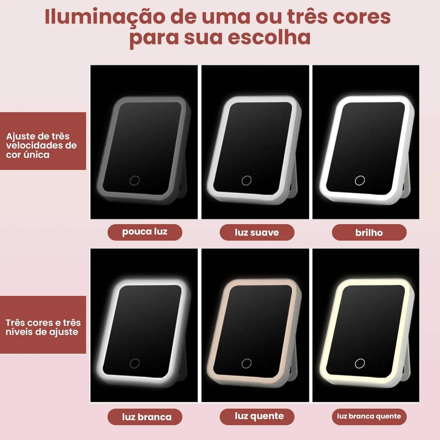 Espelho LED Maquiagem Portátil 3 em 1 com Aumento 5x e 10x, Luz Natural Recarregável para Bolsa e Viagem