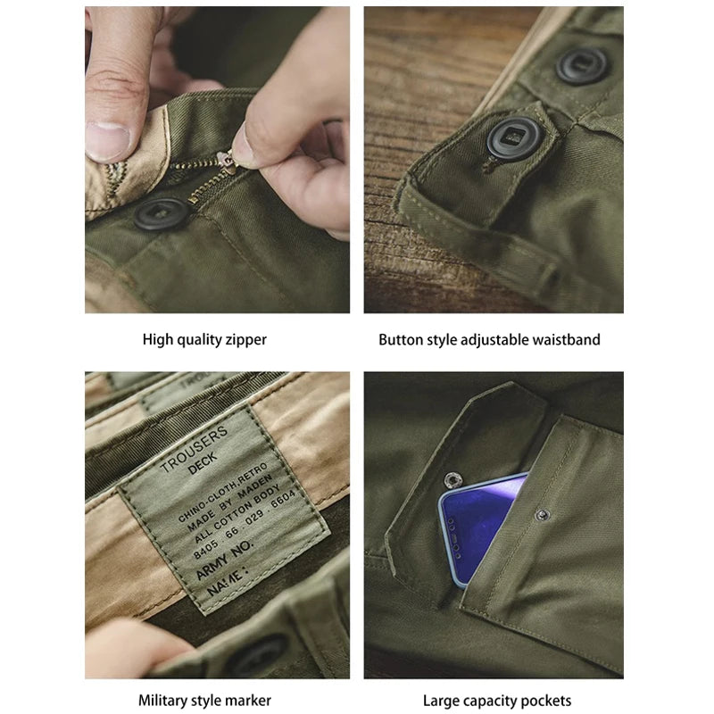 Men's vintage British Royal Navy pants, pure cotton tapered cargo pants, all-season casual large-pocket straight-cut long pants