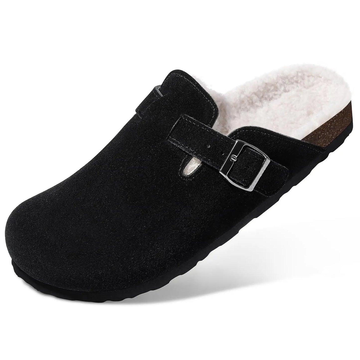 Shevalues Winter Women's Mules With Adjustable Buckle Leisure Cork Insole Comfortable Clogs Slippers Cow Suede Non-slip Sandals