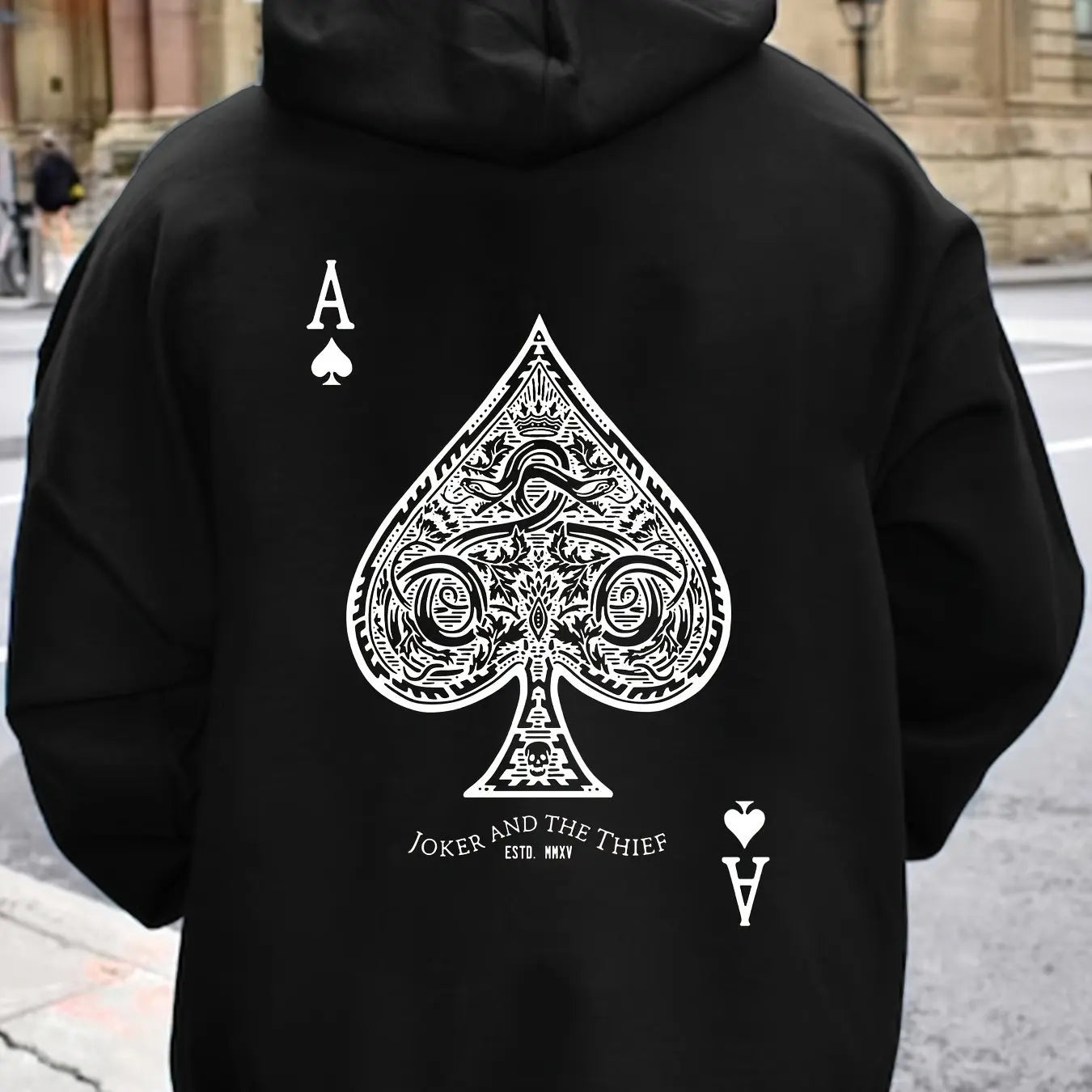 Men's autumn and winter casual fashion loose back poker card A graphic printed long sleeved hooded sweatshirt warm pullover