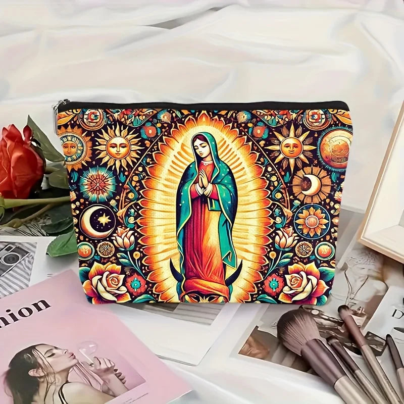 1pc Virgin Mary Sun Moon Design Linen Makeup Bag -Vibrant Floral Celestial Artwork, Unscented Travel Organizer & Coin Purse