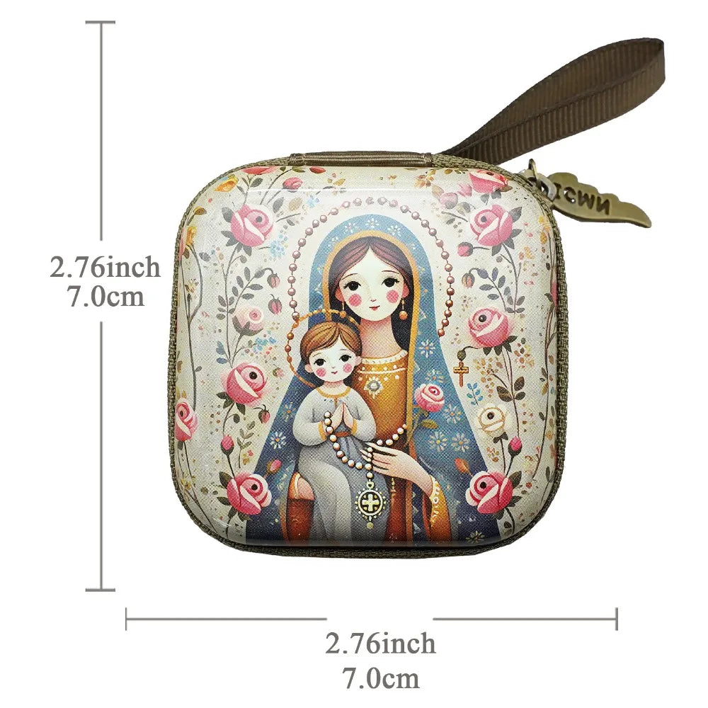 Portable Virgin Mary Prayer Rosary Storage Bag 7x7cm Zippered Religious Articles Cartoon Elegant Prayer Kit Devotees