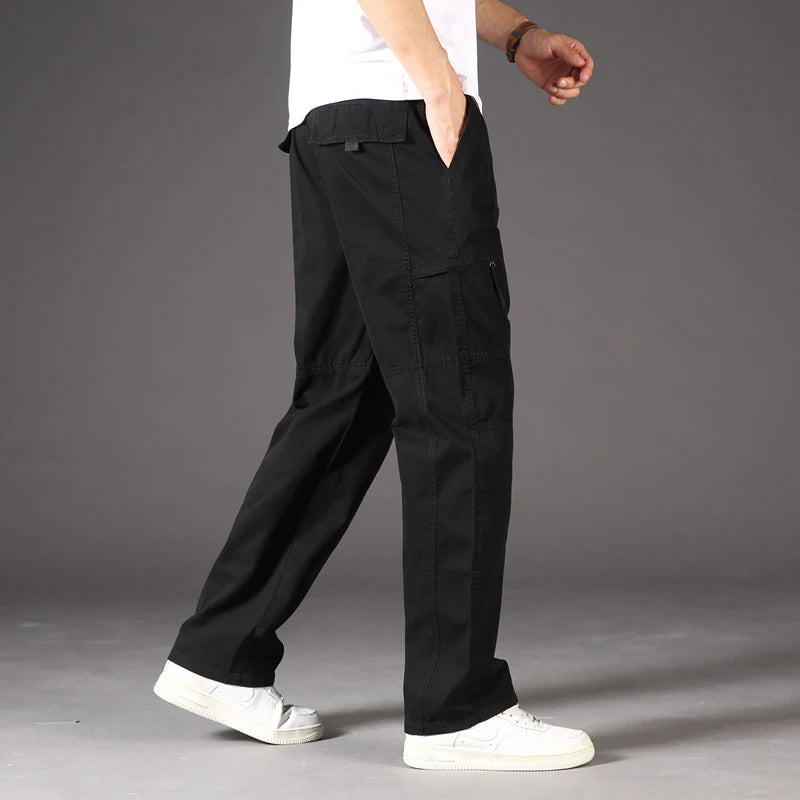 Men's Overalls Cotton Cargo Pants Casual Sports Sweatpants Stretch Waist Work Utility Dungarees Black Gym Jogger Trousers