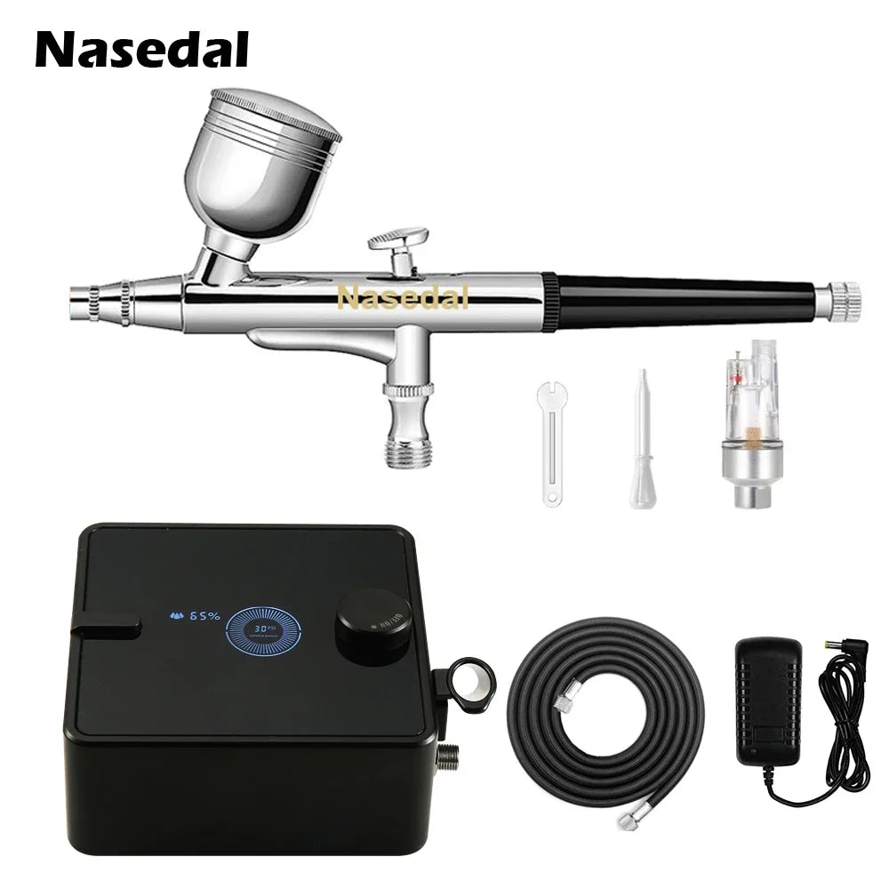 Nasedal Airbrush Compressor Kit New LED 36PSI Air Compressor 0.3mm Air Brush for Model Paint Nail Makeup Cake DIY Spray Tool