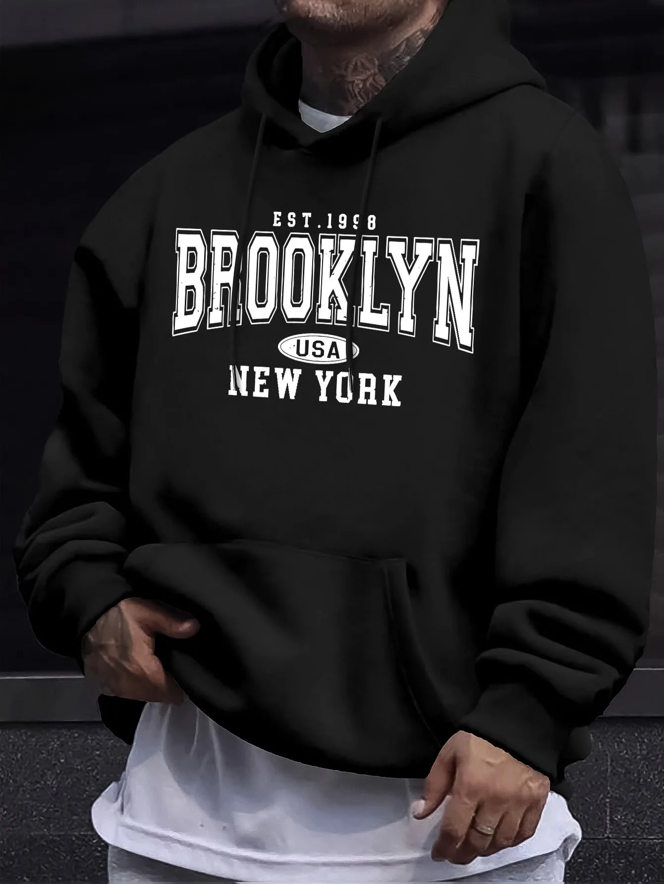 Men's autumn and winter casual fashion loose Brooklyn New York letter printed long sleeved hooded sweatshirt warm pullover