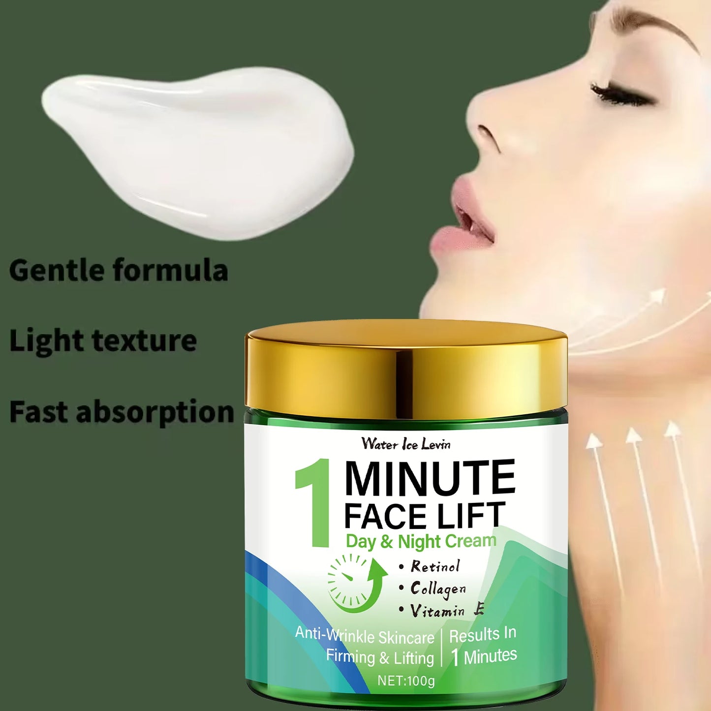 Minute Face Lift Day Night Cream Retinol Collagen Vitamin E. 1-Minute Visible Lift. Anti-Wrinkle Firming. Silken Feel. 100g.