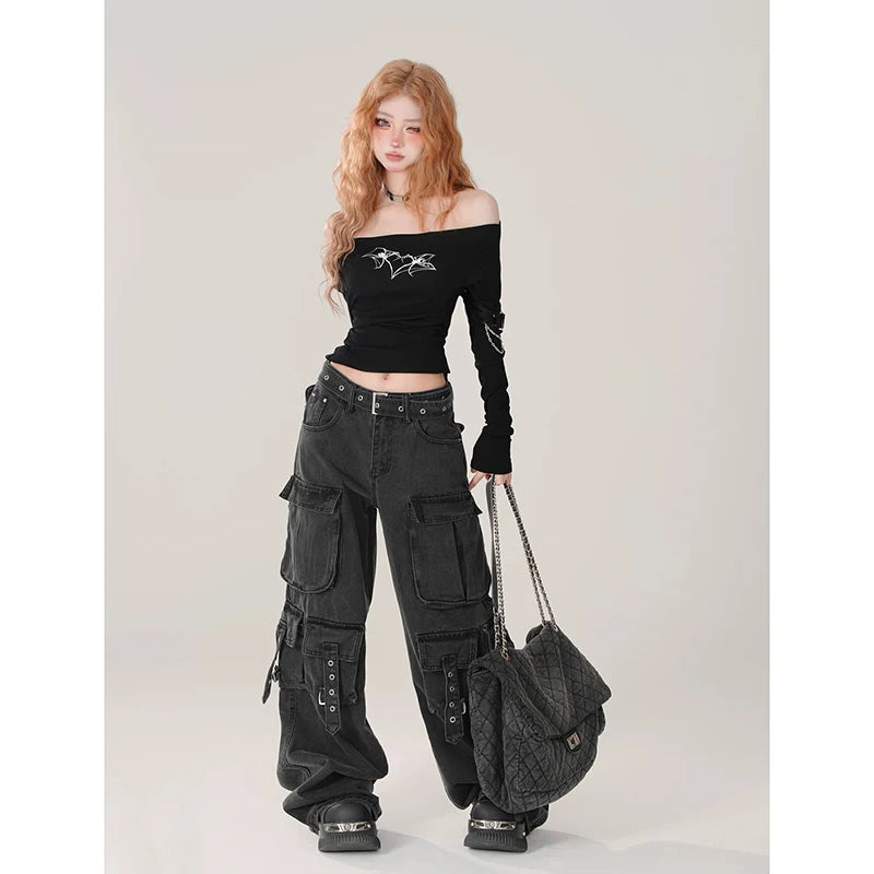Women Y2k Japanese Streetwear Design Cargo Pants Denim Pants Long Trousers American Vintage Gyaru 2000s Aesthetic Grunge Jeans