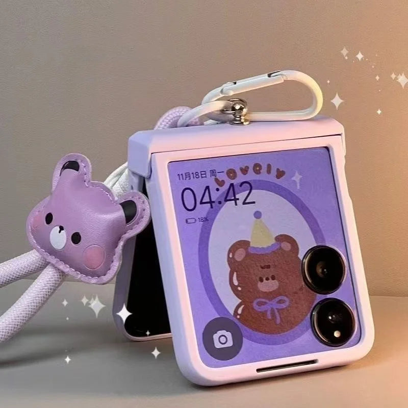 Korean Cute Purple Bear Portable Rope Phone Case For Motorola Razr 70 60 50 40Ultra Razr Plus 2025 2024 23 Hinge Protector Cover