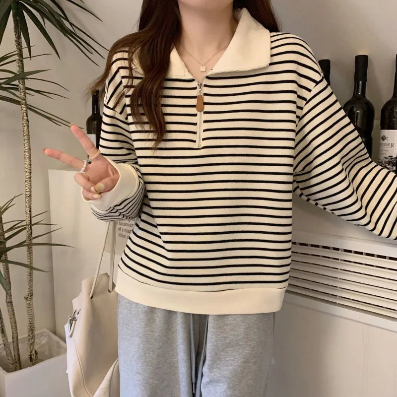 Women Striped Half Zip Sweatshirt Long Sleeve Collared Pullover Casual Fit  Fashion Oversized Streetwear Tops 2026 Tendencias
