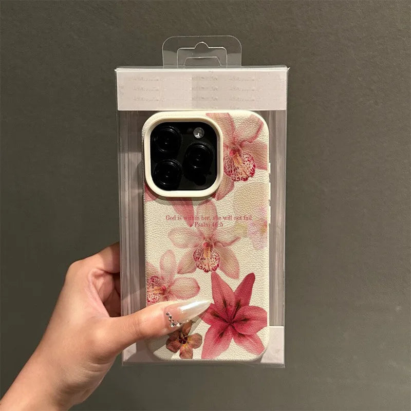 Hibiscus Rosa-Sinensis Imitation Leather Phone Case for iPhone 16 E 15 14 Plus 13 12 11 Pro Max XS Max XR XS X Shockproof Cover