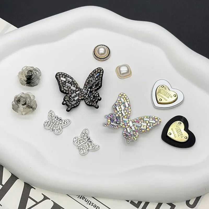 Sparkling Butterfly Flower Pearl Shoe Charms for Crocs Black White Set Clogs Pins Slipper Accessories Garden Sandals Girl Gift