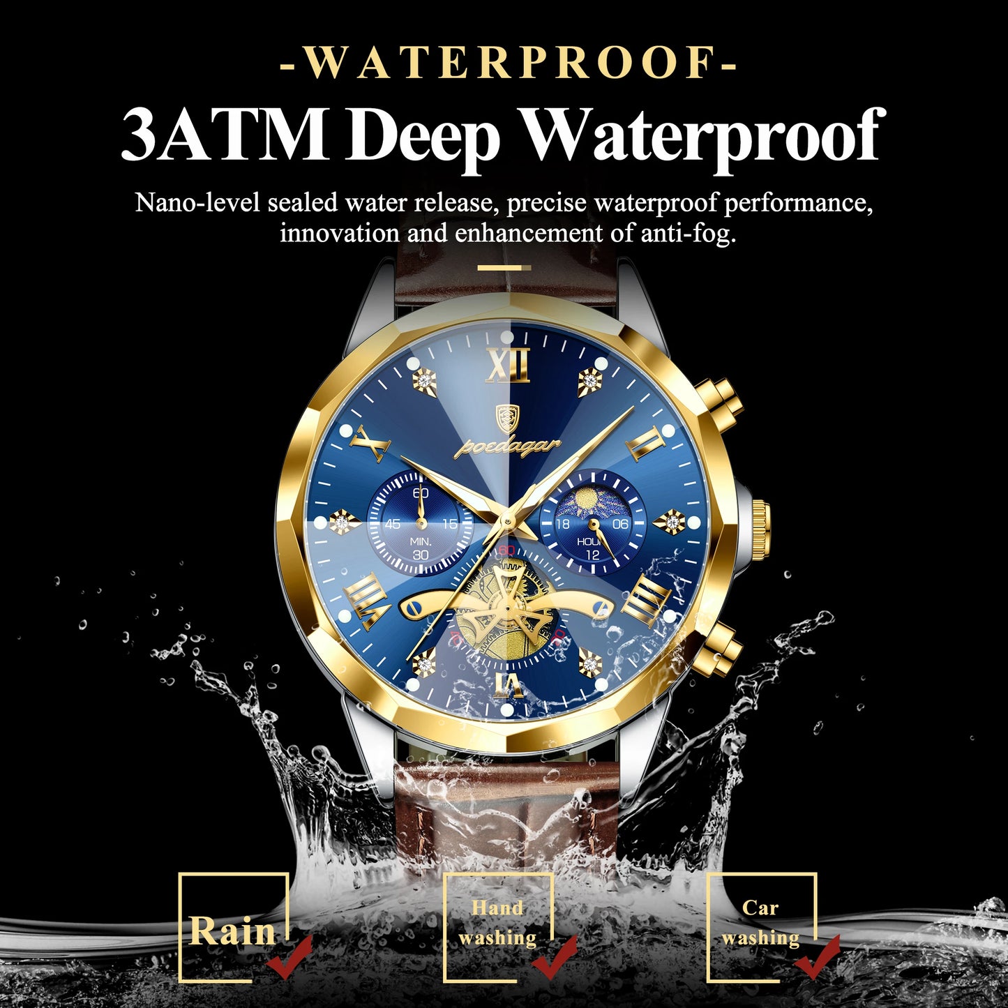 POEDAGAR Luxury Classic Men Clock Waterproof Luminous Chronograph Fashion Man Watch Leather Quartz Casual Business Men's Watches