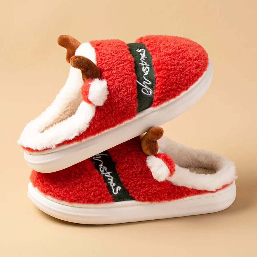 New 2025 Thick Sole Christmas Deer Slippers Women Men Indoor Warm Slipper Soft Plush Home Floor Lovers Winter Platform Shoes