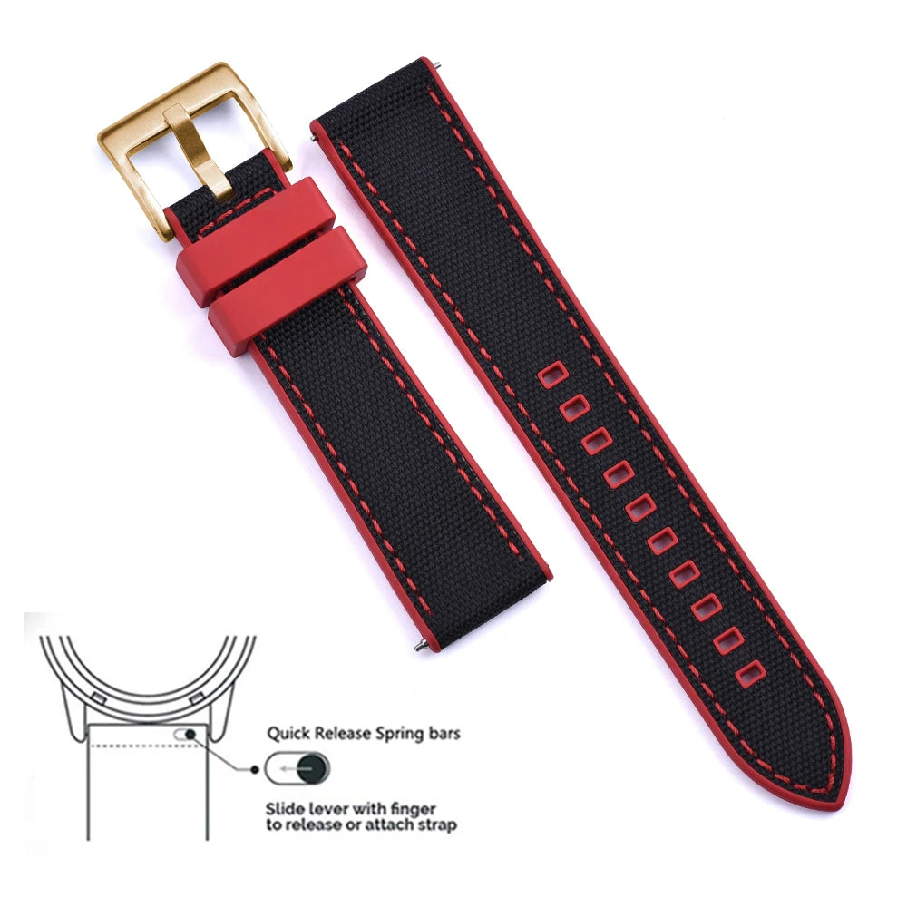 High Quality FKM Canvas Watch Strap 20mm 22mm Hybrid Fluoro Rubber Nylon Watchbands Quick Release For Each Brand Diving Watches