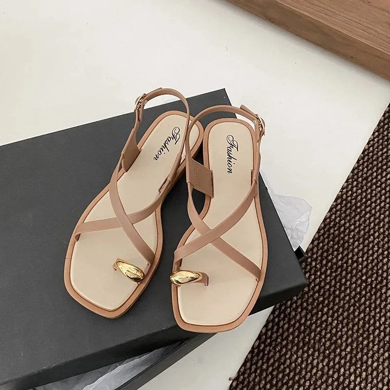 2024 New Women's Summer Outdoor Wear French Style Flat Bottom Sandals High Quality PVC Material Adults Roman Style Slippers