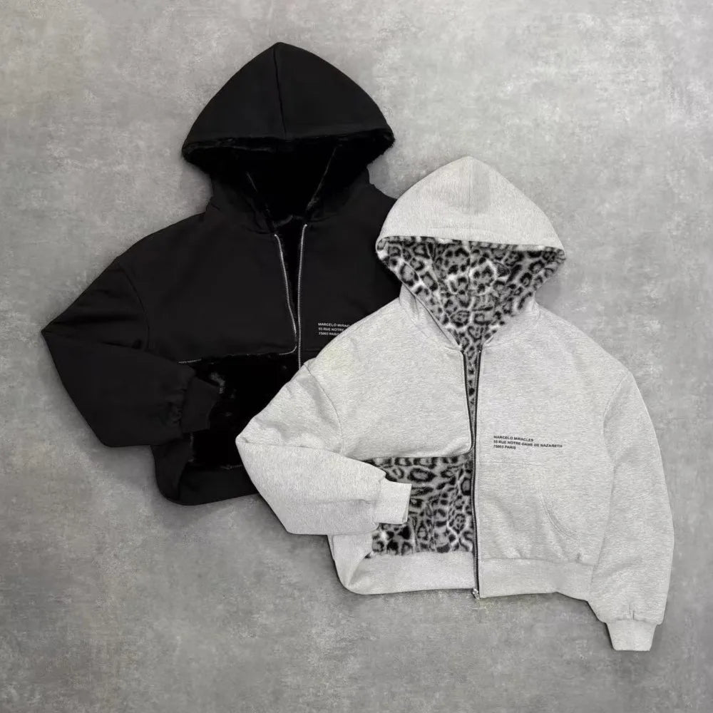 New Autumn Winter New Hooded Sweatshirt Both Sides Women's Jackets Fashion Retro Leopard Print Zipper Hoodie Loose Tops Female