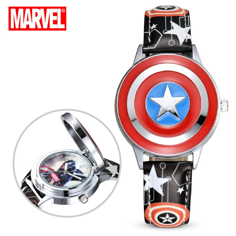 Marvel spiderman Kids watch Captain America ironman children's watches Leather Quartz Flip Metal Case Watches Boys Clock gifts
