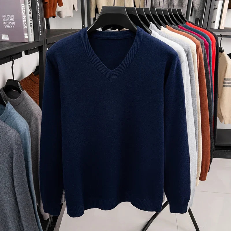 2026 Men's V-Neck Basic Solid Color Sweatshirt Warm Autumn Knitted Oversize Pullover Elastic round Neck Sweater for Casual Wear