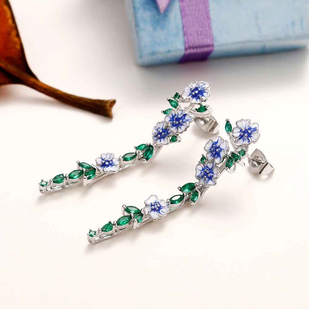 Huitan Vintage Enamel Flower Dangle Earrings Women Temperament Blue Trumpet Flower Long Earrings Wedding Party Aesthetic Jewelry