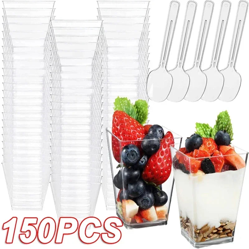 Mini Square Plastic Dessert Cups 40oz 20oz Clear Reusable Party Tableware for Mousse Pudding Yogurt Catering Events
