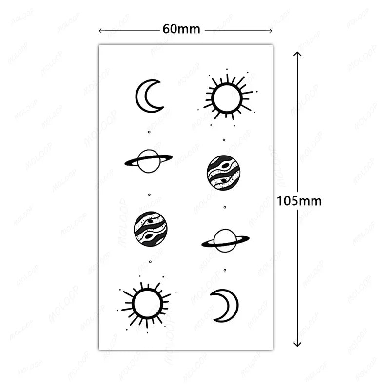 Tattoo Sticker Sun Moon Planet Temporary Waterproof  Flash Makeup Hand Arm Neck Fake Fake Body Art for Men Women