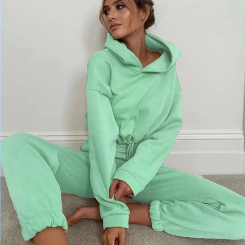 Winter Tracksuit Women Two Piece Set - Oversized Hoodie Sweatpants Solid Color Sportswear Suit |Casual Sweatshirt Trouser Set