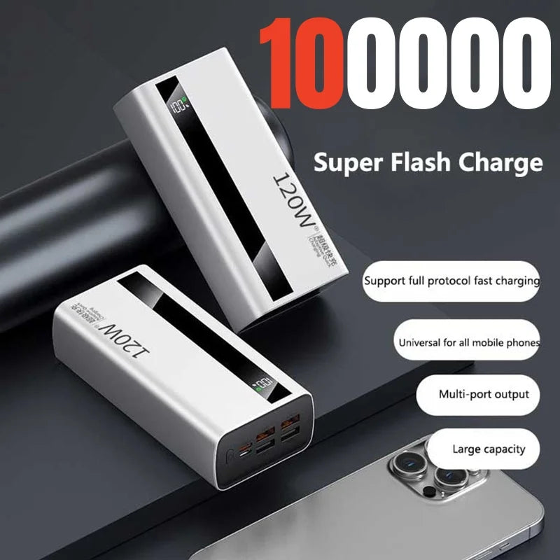 6IN1 100000mAh 120W Fast Charging Large-capacity Power Bank Digital Display Mobile Power Bank for Xiaomi Huawei iPhone 17Promax