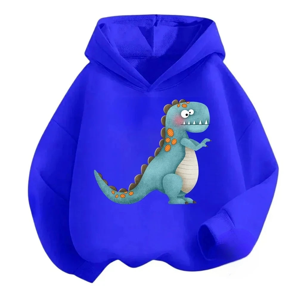 New Cartoon Dinosaur Print Children's Hooded Sweatshirt Boy Girl Autumn Winter Daily Outdoor Casual Wear Loose Warm Sportswear