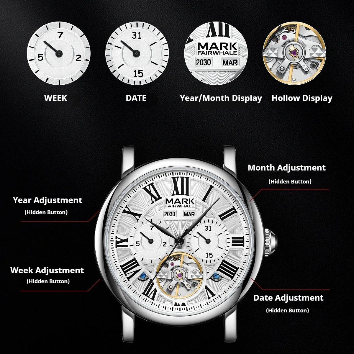 MARK FAIRWHALE Automatic Watches 6017 Trend Tourbillon Week Display Date Multi Functional Waterproof Mechanical Watches for Man