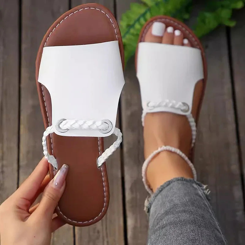 Women's Summer Comfortable Beach Slippers Fashion Braided Band Flat Sandals Woman Lightweight Soft Pu Leather Slippers Plus Size