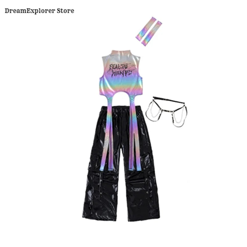 Girls Hip Hop Shiny Crop Top Silver Cargo Pants Kids K-pop Jazz Stree Dance Clothes Sets Children Streetwear Girl Group Costume