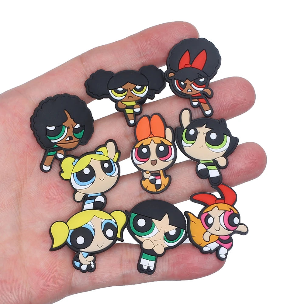 1-9pcs Power Girl Cartoon PVC Shoe Charms DIY Sandals Shoe Buckles Pins Series Shoe Decoration Accessories Friends Gifts