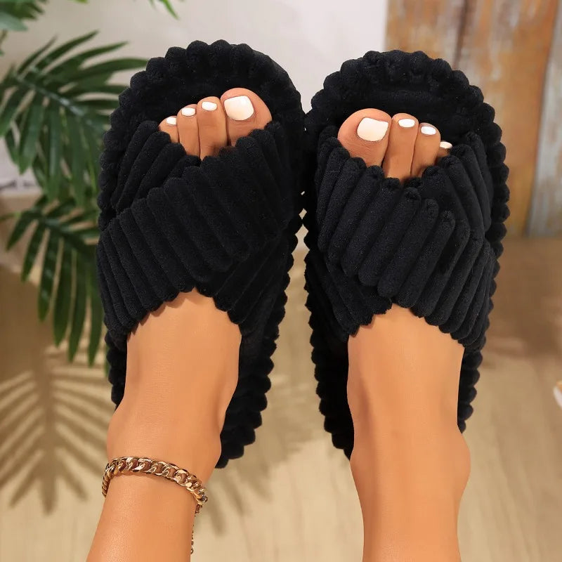 Four Season Women's Cozy Bow Knot Slippers Corduroy Indoor Soft Slides Couples Silent Sandals Adults Light Anti-slip Flip Flops