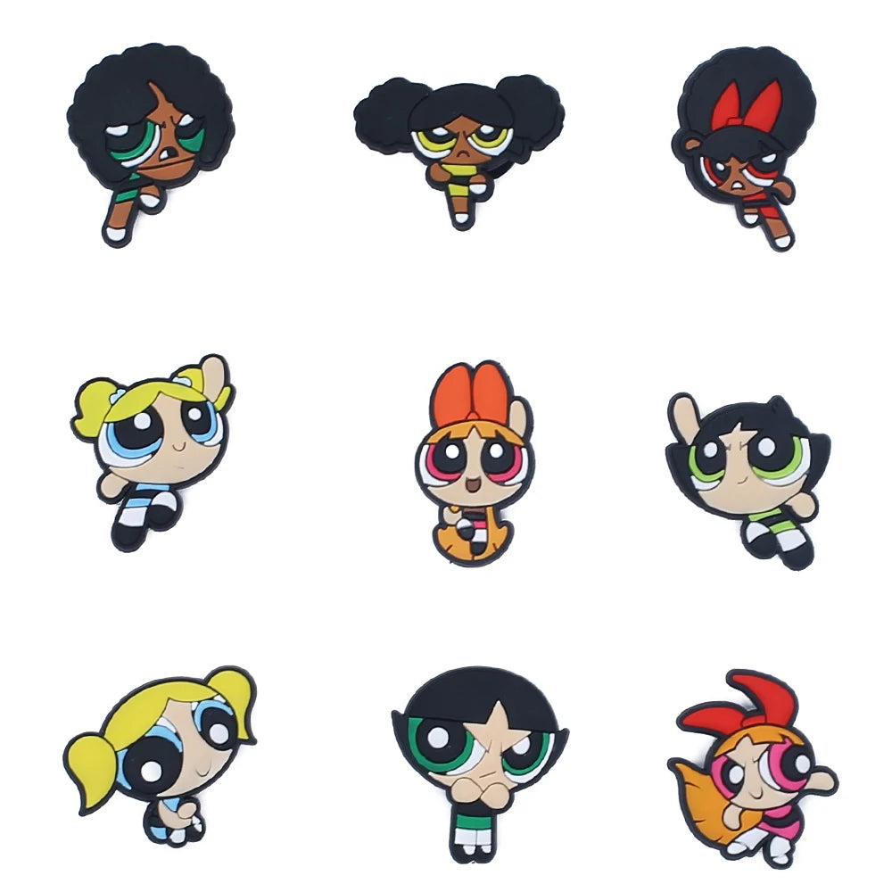1-9pcs Power Girl Cartoon PVC Shoe Charms DIY Sandals Shoe Buckles Pins Series Shoe Decoration Accessories Friends Gifts