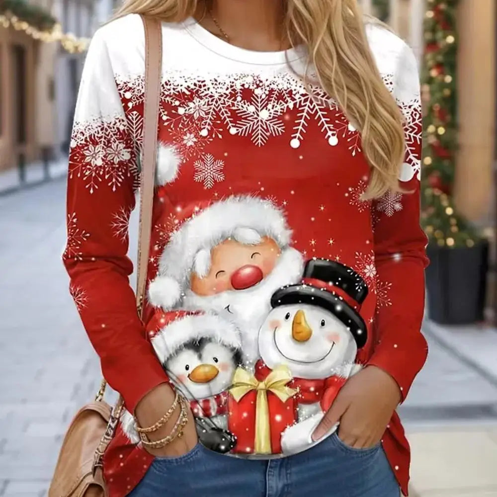 Women Sweatshirt Designer Round Neck Long Sleeve Fashion Casual Santa Claus Red New Year Graphic Print Tops Y2K Streetwear