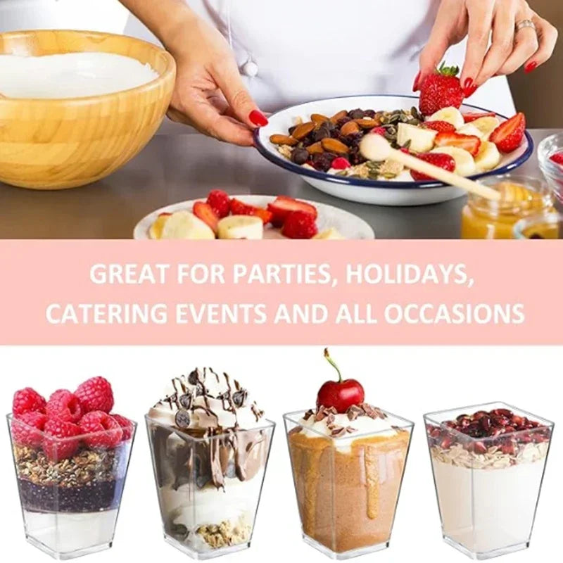 Mini Square Plastic Dessert Cups 40oz 20oz Clear Reusable Party Tableware for Mousse Pudding Yogurt Catering Events