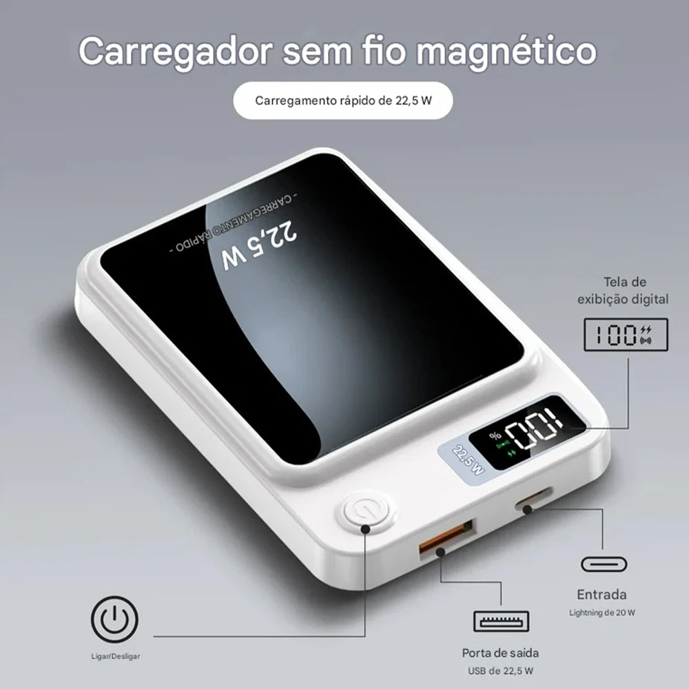 Power Bank 10000mAh Com Base Magnética E Display Digital Carregamento Sem Fio Para Celular Viagem