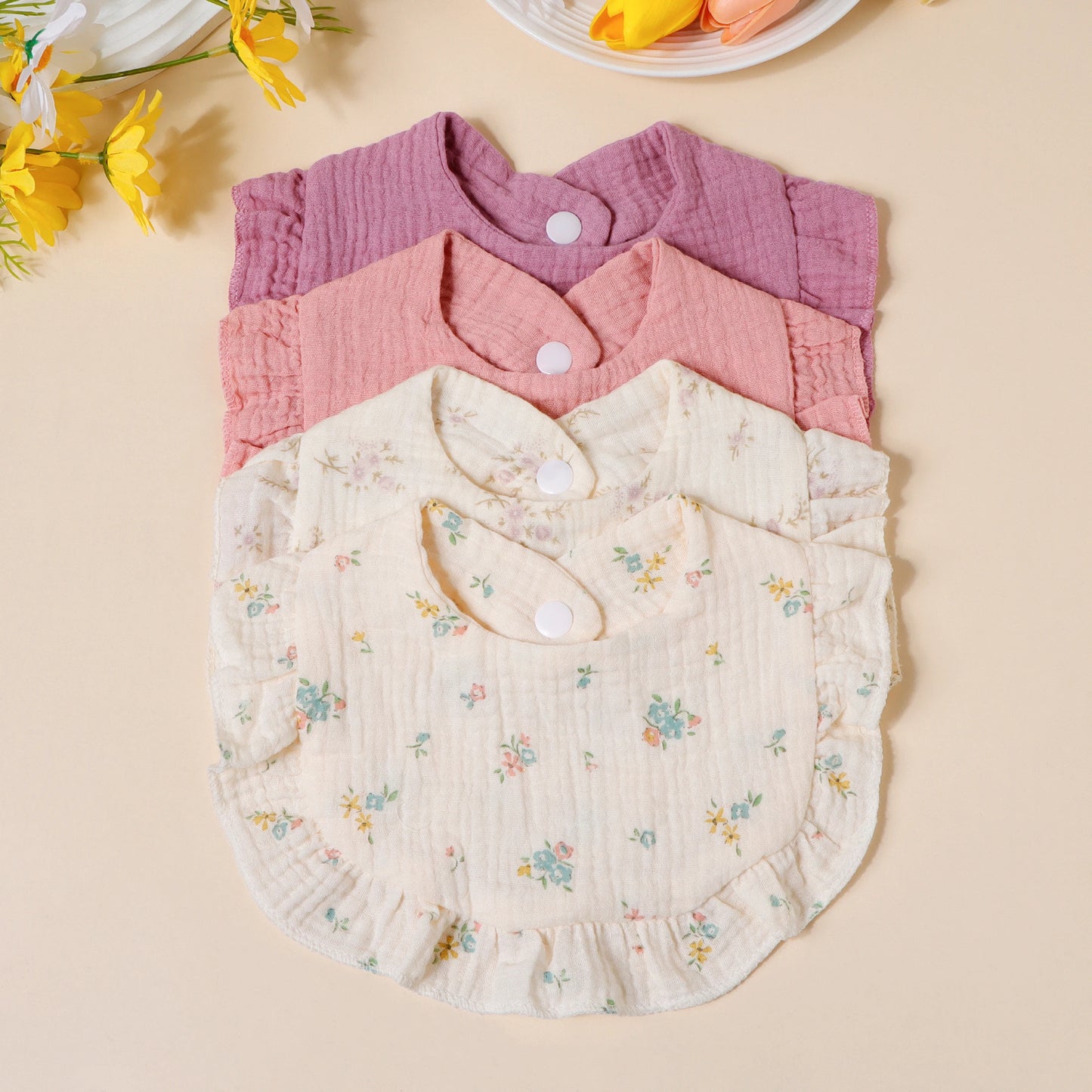 4pcs/set Children Bib Set Cotton Muslin Toddler Baby Comfort Saliva Color Dorp Shape Towel Solid With Button Kid Bibs