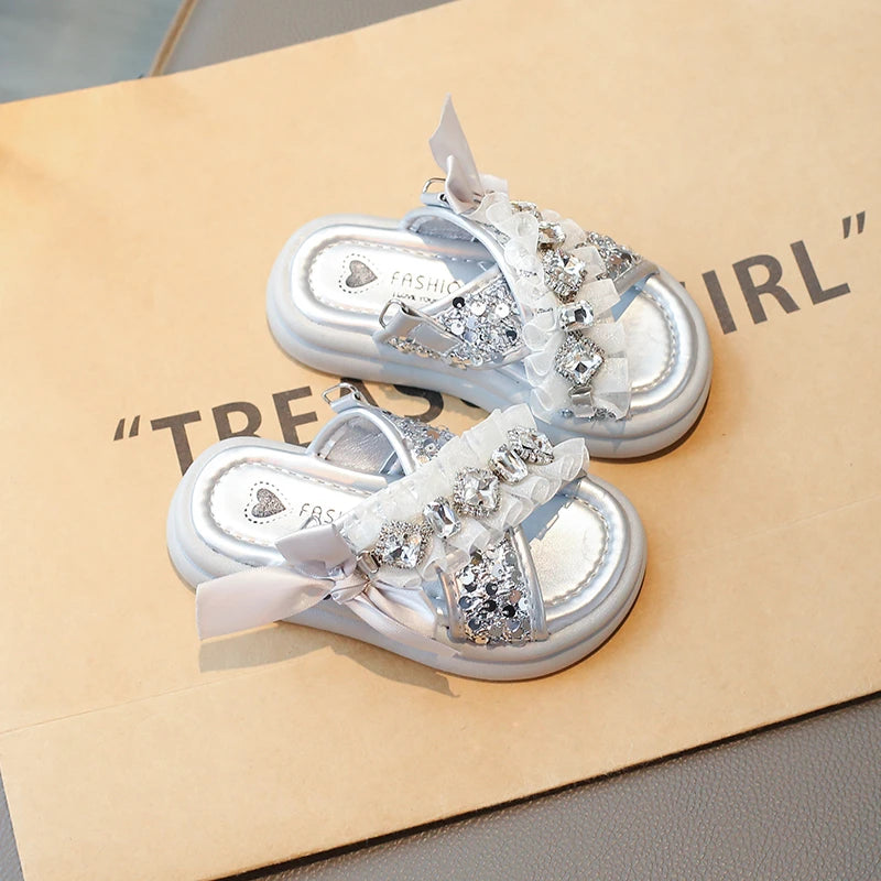 Kids'Casual Shoes Fashion Sandals PU Leather Crystal Sequin Summer Shoes For Girls Breathable Silver Shoes Size 26-37