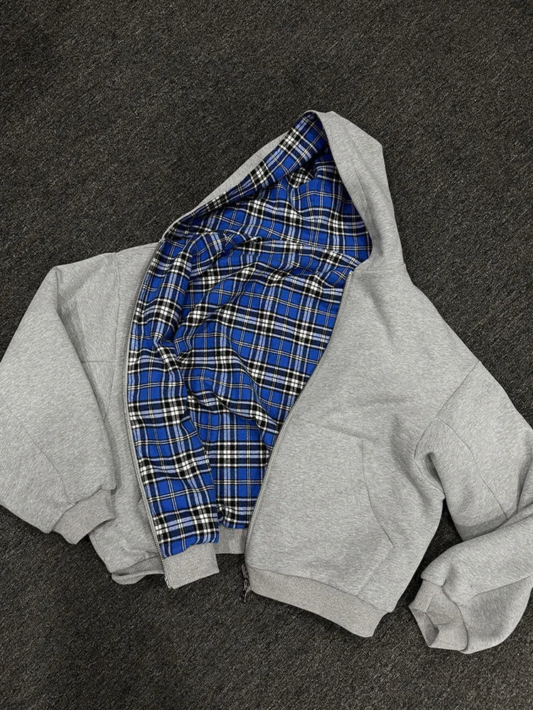 Winter Casual Plaid Print Hoodie Women's Warm Zip-Up Double-Sided Wear Sweatshirt Female Fashion Trendy Loose Hooded 2025 New