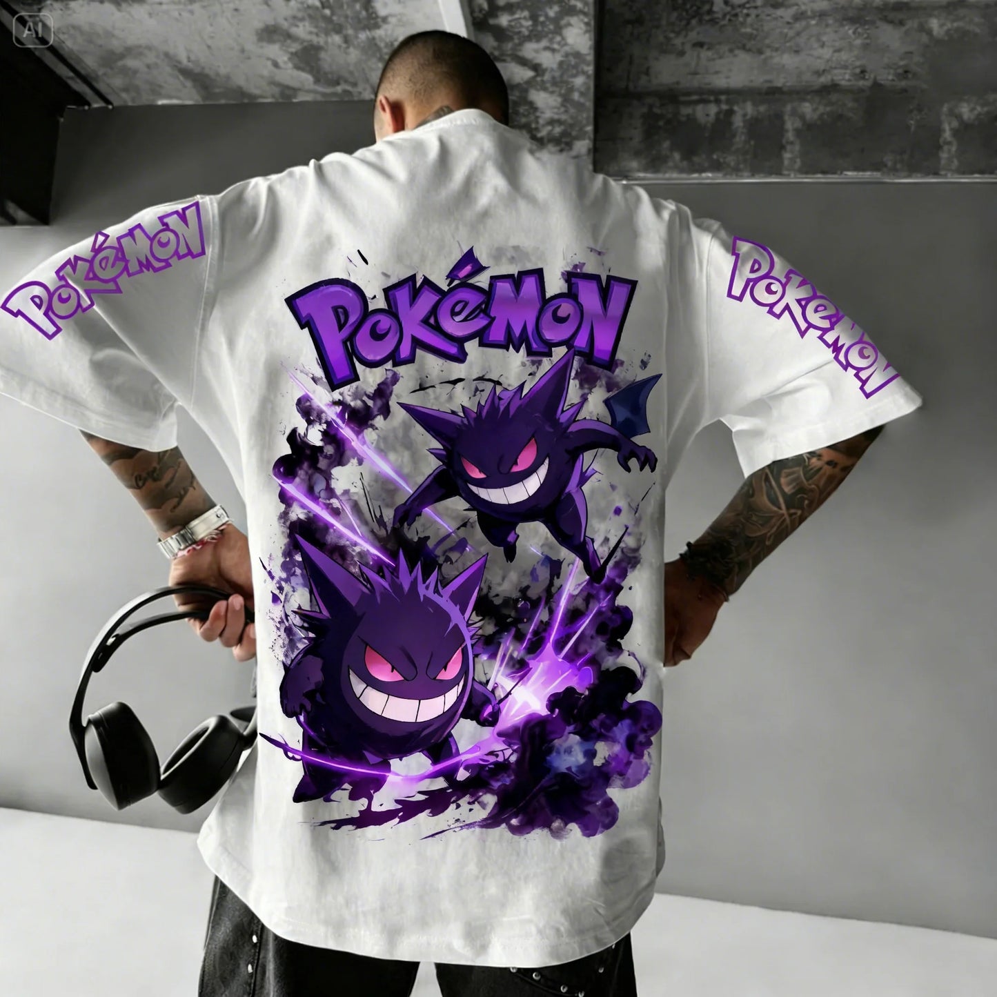 Men's T Shirt Sports T Shirt Short Sleeve T Shirt Purple Gengar Back Print Red Eyes Sharp Teeth with Smoke Sleeve Patterns