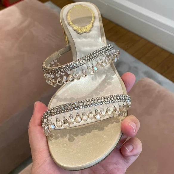2024 Women's Summer New Rhinestone Strap Sandals Block Heel Crystal Open Toe Sandals Mid Heel