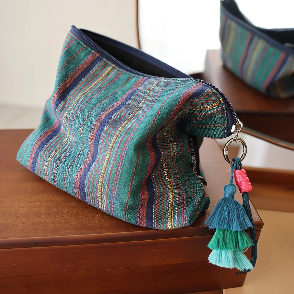 Colorful Striped Fringe Pendant Makeup Bag Ethnic-Style Women's Zipper Travel Portable Storage Pouch Inner Liner Bag Clutch