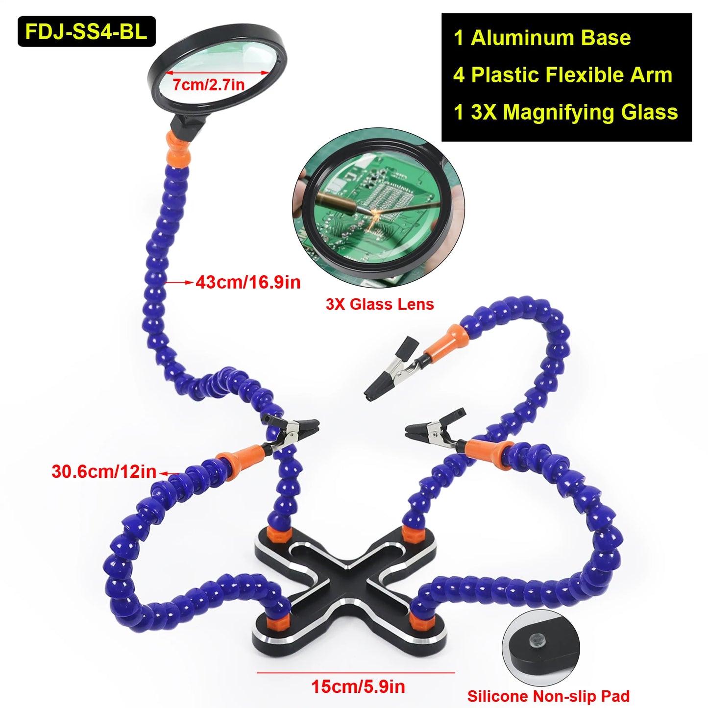 Toolour Helping Hand Soldering Third Hands with 6 Flexible Arms LED Flashlight Magnifying Glass Welding Smoke Exhaust Fan