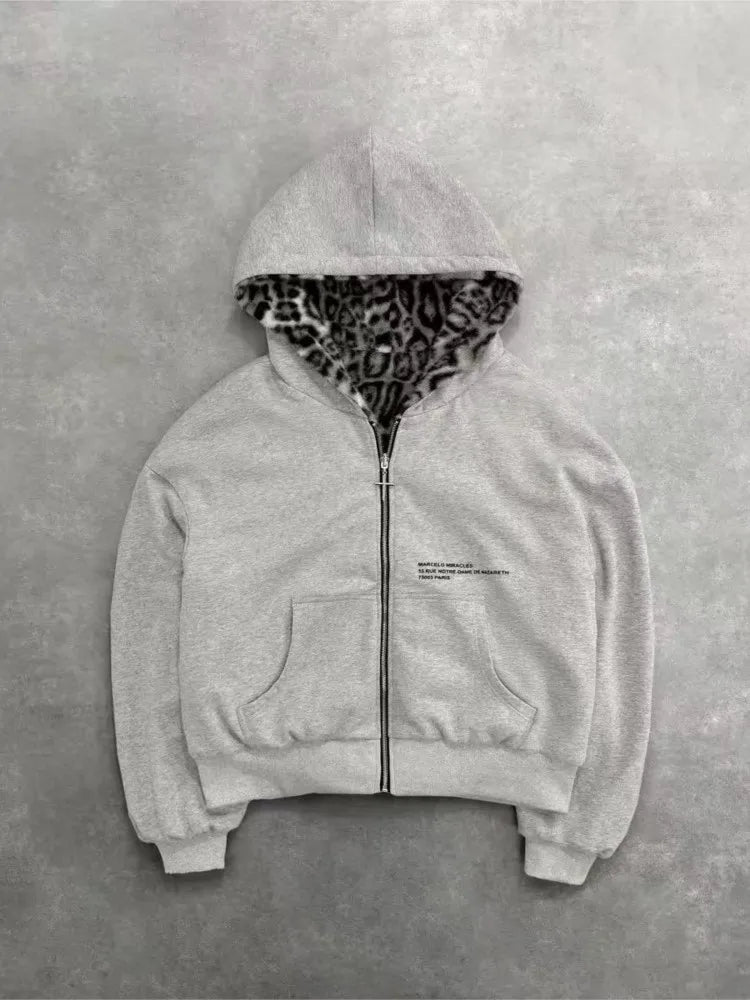 New Autumn Winter New Hooded Sweatshirt Both Sides Women's Jackets Fashion Retro Leopard Print Zipper Hoodie Loose Tops Female