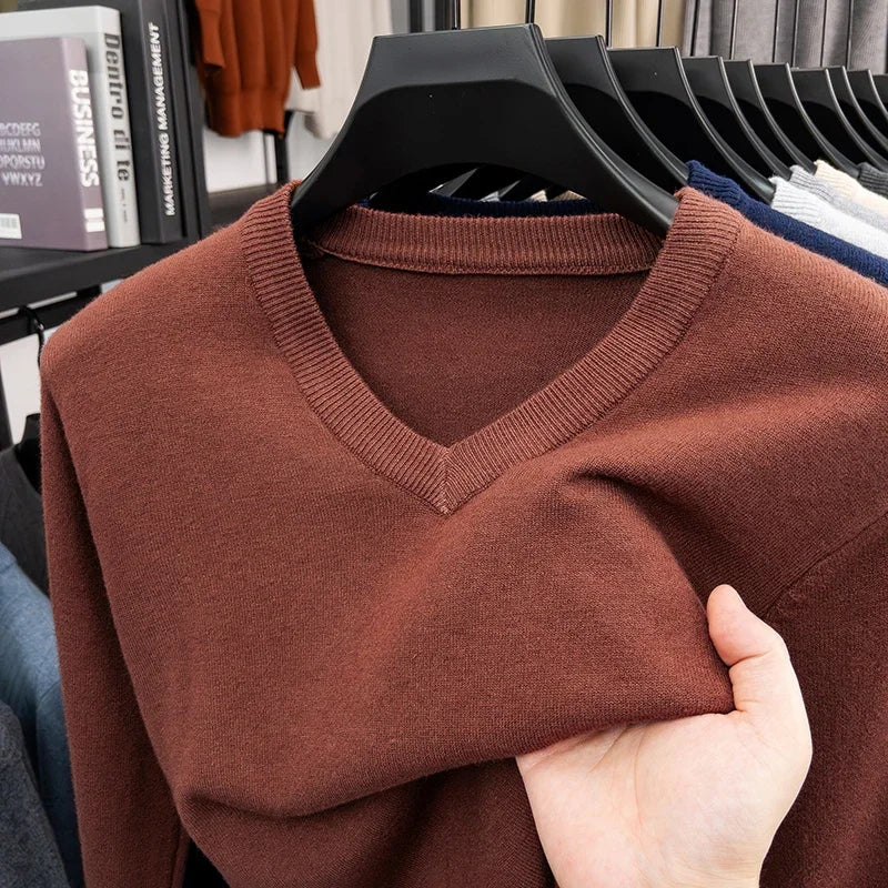 2026 Men's V-Neck Basic Solid Color Sweatshirt Warm Autumn Knitted Oversize Pullover Elastic round Neck Sweater for Casual Wear
