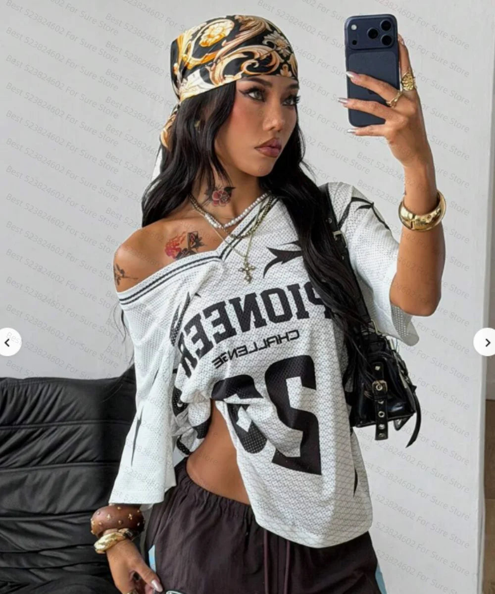 Women's Numeric Print Short Sleeve Mesh Colorblock Loose Fit Sports T-Shirt Spring Summer Graphic Tees Women Sexy Sports Tops